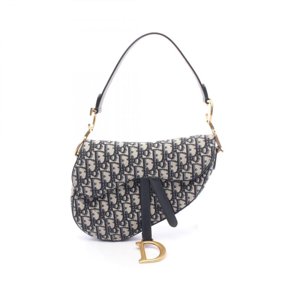 Christian Dior SADDLE Oblique Handbag Canvas Leather Navy Blue Beige